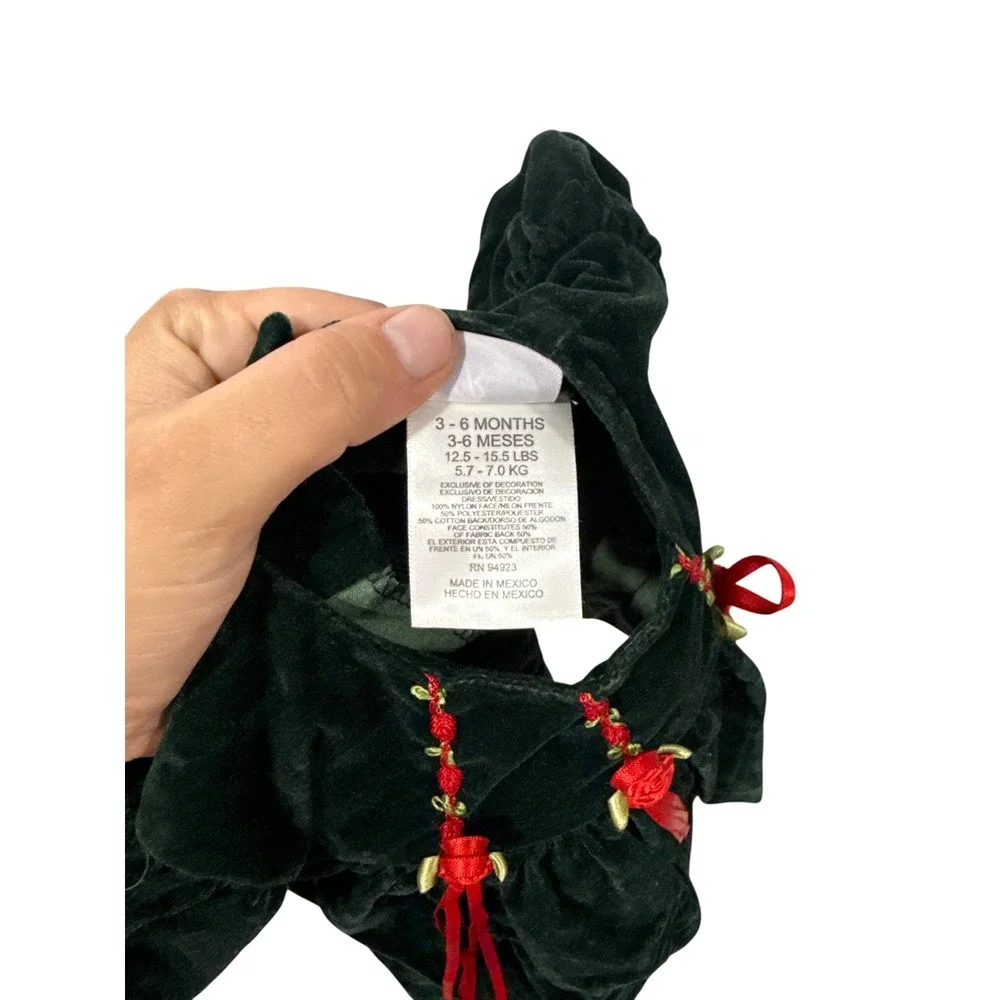 Bryan VTG Baby Girl Green Velvet Holiday Dress Rosette Tassels 3-6 Months